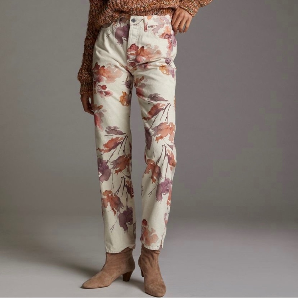 Anthropologie Cream Straight-Leg Jeans with Rust & Mauve Floral Print